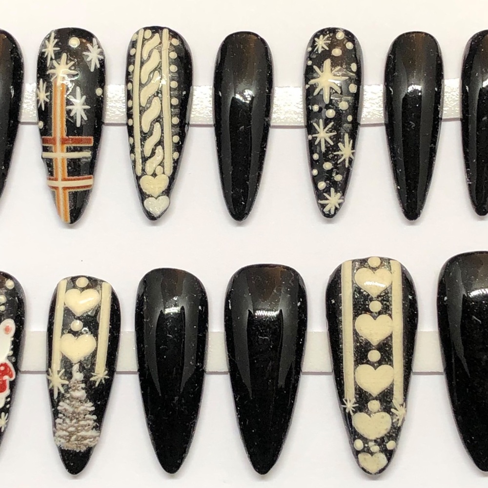 Handmade Press On Nails Custom Long Nails Almond Shape Black Christmas Nails - Picture 3 of 9
